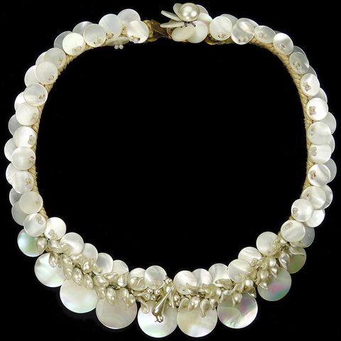 Made in France White Mother of Pearl Discs Poured Glass Birds Seed Pearls and Woven Fabric Choker Necklace