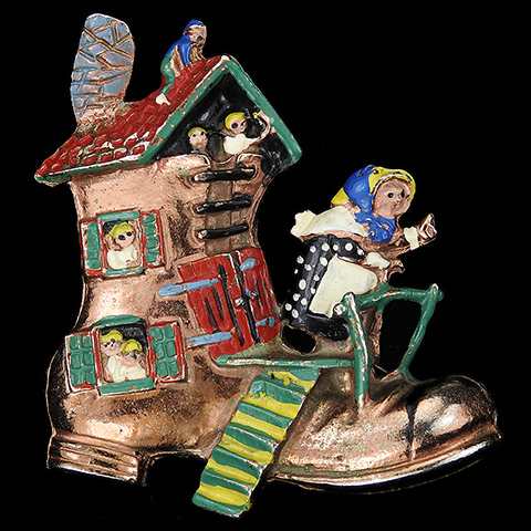 Singer & Kantor Gold and Enamel The Old Woman Who Lived in a Shoe Nursery Rhyme Pin