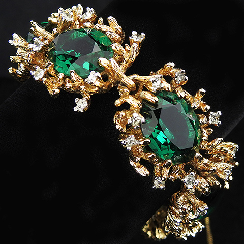 Panetta Spangled Gold Sunbursts and Oval Cut Emeralds Seven Link Bracelet