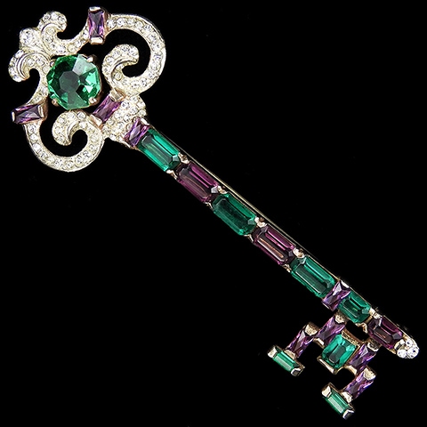 Nordic Sterling Pave Amethyst and Emerald Baguettes Crowned Key Pin