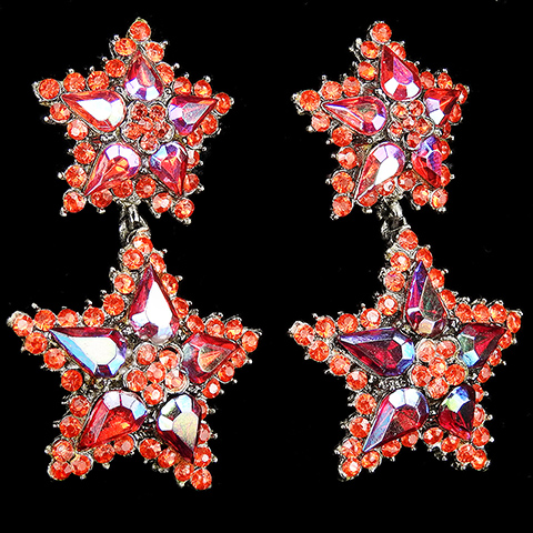 Thelma Deutsch Ruby and Aurora Borealis Double Five Pointed Stars Pendant Clip Earrings