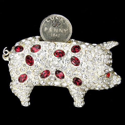 Mosell Pave and Rubies Piggy Bank with Moveable Shamrock Lucky Penny Pig Pin