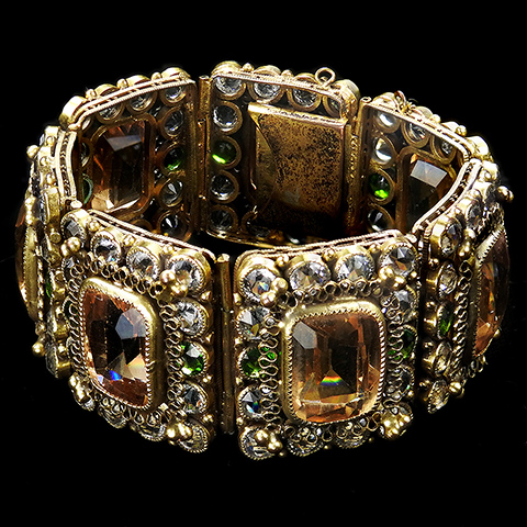 Hobe Sterling Gold Filigree Peridot Diamante and Oblong Cut Topaz Seven Link Wide Bracelet