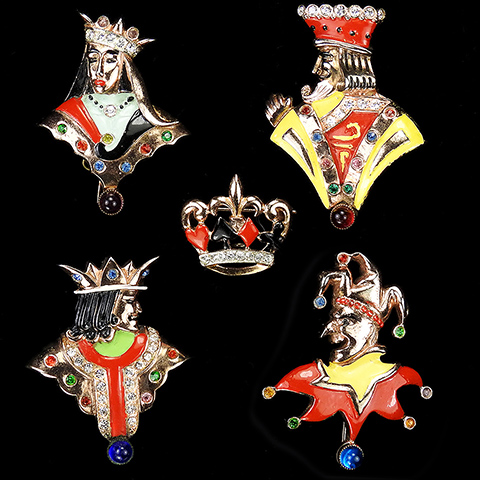 Urie Mandle Sterling 'Murray Slater' Set of King, Queen, Jack, Joker and Crown of All Suits Playing Card Pins