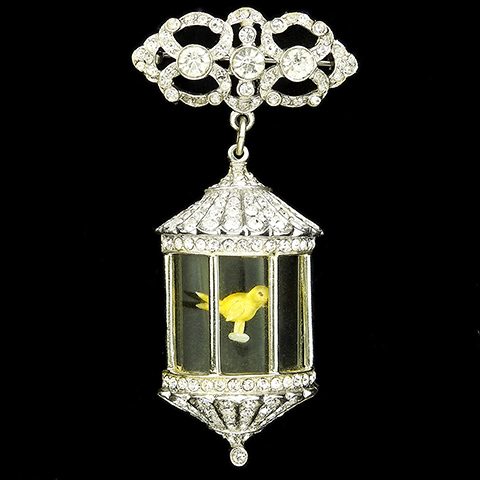Anthony Sterling (? unsigned) Pave and Diamante Canary in a Jelly Belly Pendant Bird Cage Pin