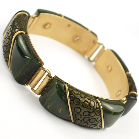Deco Dark Green Bakelite with Inset Gold Slashes and Stamped Circles Bracelet