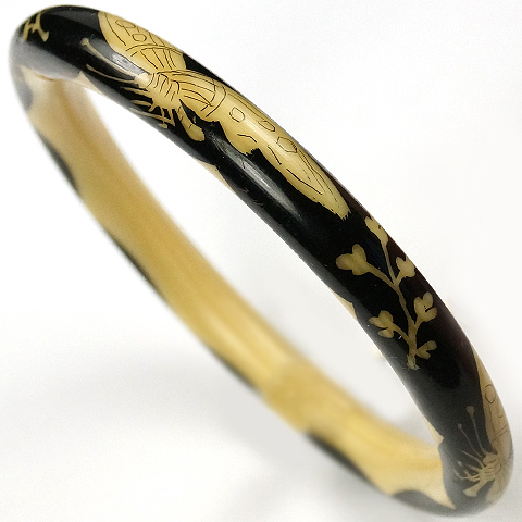 Celluloid (Faux Ivory with Inkstain) Four Butterflies with Leaves Circular Bangle Bracelet