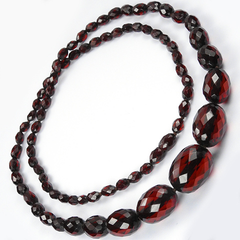 Deco Faceted Red Bakelite Beads Long Double or Single Stranded Necklace