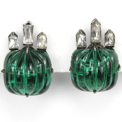 Deco Diamante Baguettes and Melon Cut Emerald Fruit Salads Button Clip Earrings