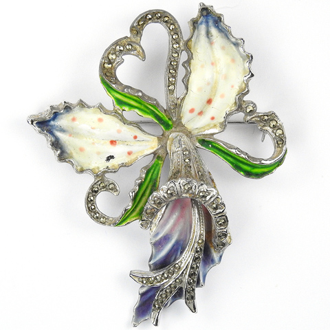 Enamel and Marcasites Orchid with Heart Shaped Tendrils Pin