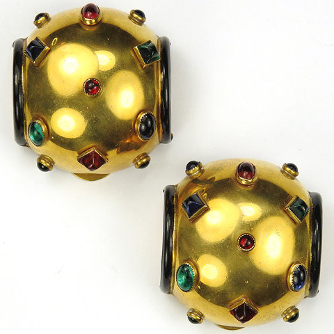 Deco (after Jean Fouquet) Gold Black Enamel and Multicolour Studded Gems Pair of Dress Clips