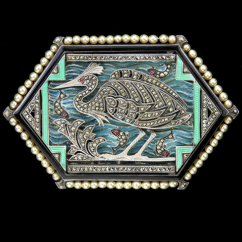 Sterling Marcasites Seed Pearls Fired and Plique a Jour Enamel Heron with Fish in the Waves Deco Hexagonal Scene Pin