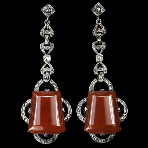 Deco Sterling Marcasites and Carnelian Pendant Screwback Earrings