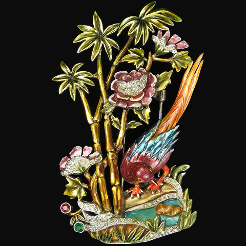 Dujay Bird of Paradise with Palm Trees Flowers and Plique a Jour Tropical Lagoon Pin Clip