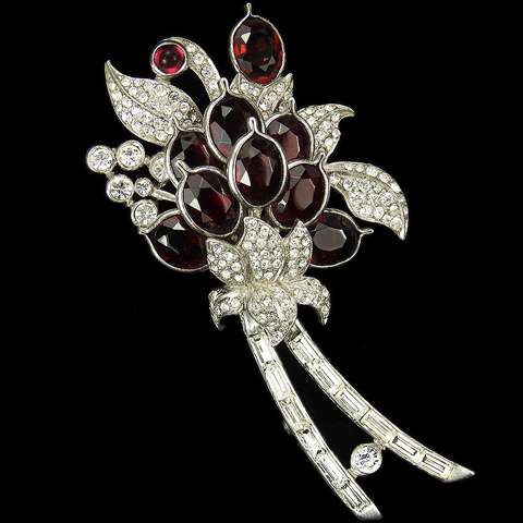Pennino Ruby Pointed Petals Flowers Pave and Baguettes Floral Spray Pin Clip