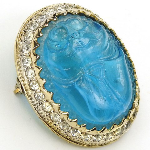 Nettie Rosenstein Gold Pave and Carved Aquamarine Egyptian Scarab Seal Pin