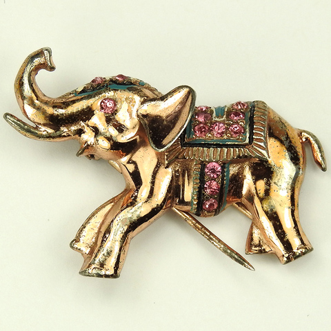 Nettie Rosenstein Sterling Gold Multicolour Stones and Enamel Small Trumpeting Elephant Pin Clip