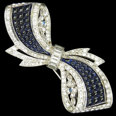 Dujay Pave Baguettes and Invisibly Set Sapphires Bow with Flowers Pin