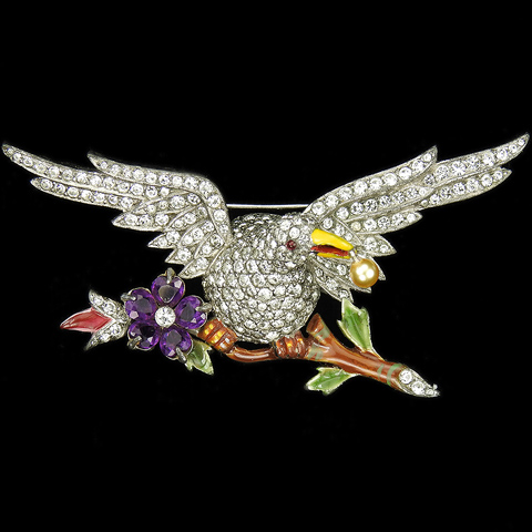 Dujay Pave Enamel and Pearl Eagle on an Amethyst Flower Branch with a Pearl in its Beak Pin