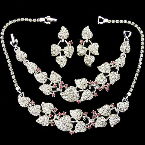 Pennino Pave Heart Shaped Leaves and Pink Topaz Spangles Necklace Bracelet and Screwback Earrings Set