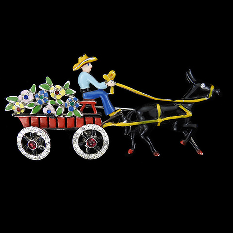 Dujay Pave and Enamel Donkey (Horse or Mule) Pulling a Flower Cart with Cowboy Driver Pin