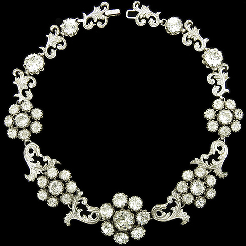 Nettie Rosenstein Sterling Silver and Diamante Flowers Pave Scrolls and Spangles Necklace