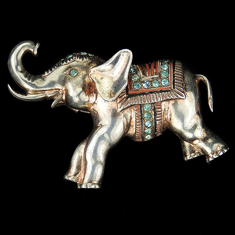 Nettie Rosenstein Sterling Gold Aquamarines and Enamel Large Trumpeting Elephant Pin Clip