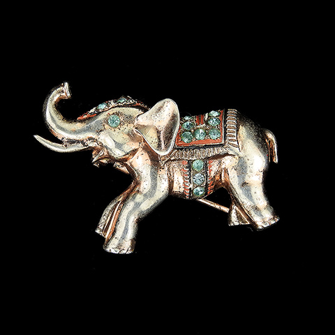 Nettie Rosenstein Sterling Gold Aquamarines and Enamel Medium Trumpeting Elephant Pin Clip