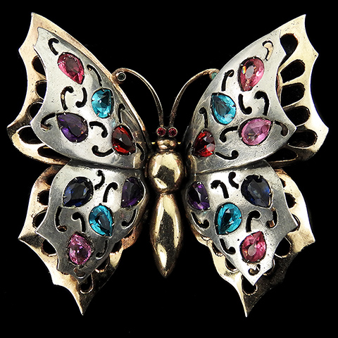 Dujay Sterling Double Winged Silver Scrolls and Gold Openwork Multicolour Stones Butterfly Pin