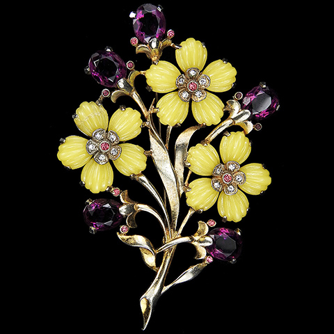 Pennino Gold Lemon Poured Glass Fruit Salads and Amethysts Three Flower Floral Spray Pin