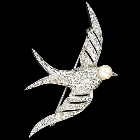 Dujay Sterling Openwork Pave and Pearl Flying Swallow Bird Pin