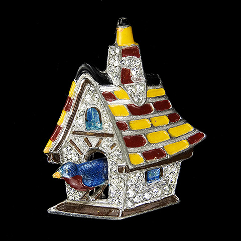 Dujay Pave and Metallic Enamel Blue Bird Peeping from a Bird House with Chimney Pin Clip