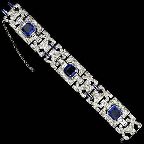 Dujay Pave Baguettes and Invisibly Set and Octagon Cut Sapphires Deco Nine Link Bracelet