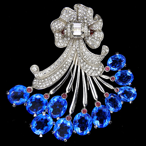 Pennino Pave and Baguettes Sapphires and Ruby Spangles Floral Spray with Bow Pin