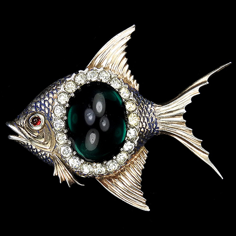 Dujay Sterling Gold Pave and Emerald Cabochon Angelfish Fish Pin