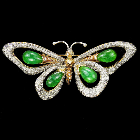 Nettie Rosenstein Gold Black Diamond and Emerald Cabochons Trembler Butterfly Pin