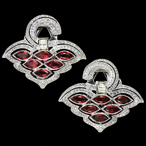 Dujay Matched Pair of Pave Baguettes and Openbacked Ruby Navettes Doorknocker with Hook Dress Clips