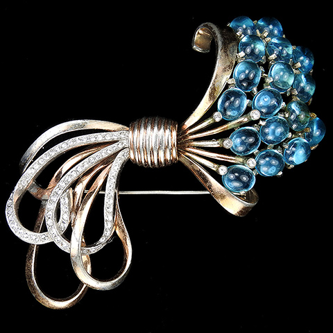 Pennino 'Jewels of Fantasy' Gold and Pave Bow with Iridescent Aquamarine Cabochons Spray Pin