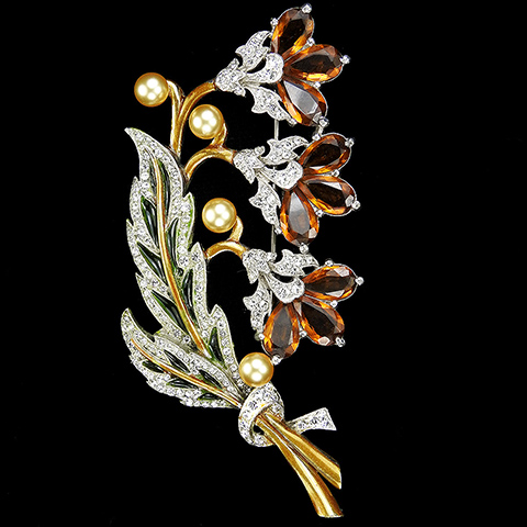 Dujay Pave Plique a Jour Enamel Pear Shaped Topaz Flowers and Pearls Floral Spray with Bow Flower Pin