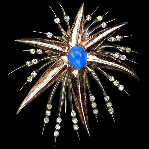 Nettie Rosenstein Sterling Gold Silver and Star Sapphire Cabochon Starburst Star Pin Clip