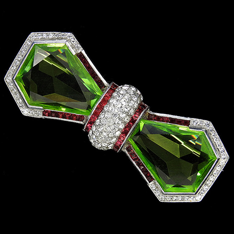 Dujay Pave Invisibly Set Rubies and Six Sided Peridot Crystals Bowknot Bow Tie Pin