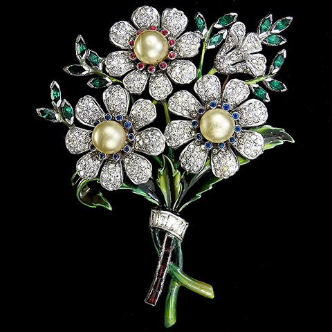 Dujay Pave Pearls Metallic Enamel Emerald Navettes and Invisibly Set Rubies Three Flower Floral Spray Pin with Bow