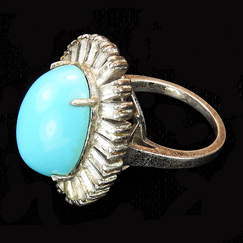 DuJay Sterling Turquoise Cabochon and Diamante Baguette Ruff Finger Ring
