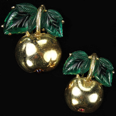 Deco Pair of Larger and Smaller Golden Apples with Emerald Fruit Salad Leaves Pin Clips