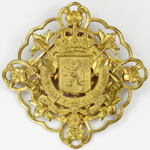 Miriam Haskell Belgian Coat of Arms 'L'Union Fait La Force' Golden Lion Crest Pin