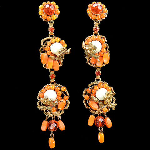 Robert Orange Coral and Pearls Giant Flower Multiple Pendant Clip Earrings