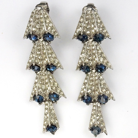 Hattie Carnegie (unsigned) Pave and Sapphire Comet Tail Pendant Clip Earrings