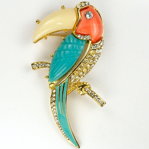 Hattie Carnegie (?unsigned) Gold Pave Coral Pink Turquoise and White Toucan Pin
