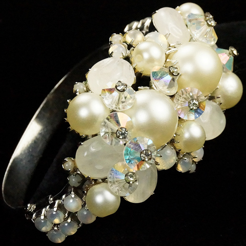 Alice Caviness Aurora Borealis Moonstone Cabochons and Pearls Bangle Bracelet