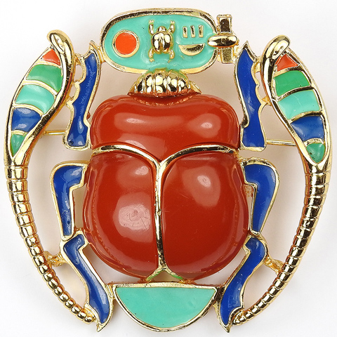 Hattie Carnegie Egyptian Revival Lapis Turquoise and Carnelian Scarab Pin (or Pendant)